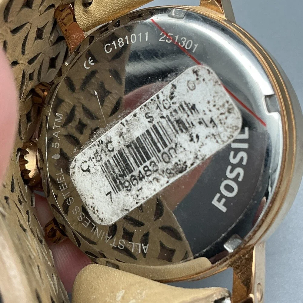 Fossil Womens Watch 38mm Rose Gold Tone Leather Chronograph Date New Battery